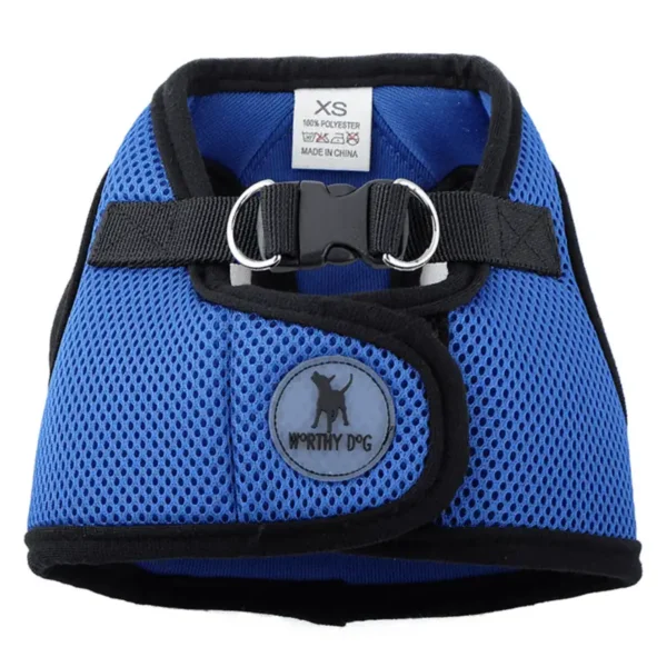 A blue mesh dog harness with black trim and a logo that reads "Worthy Dog."