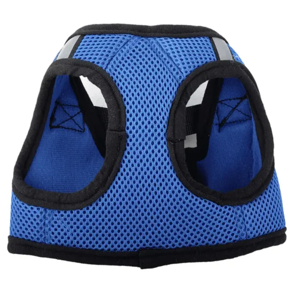 A blue dog harness with a mesh design.