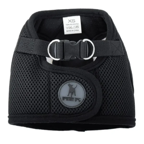 A black mesh dog harness with adjustable straps and a buckle.