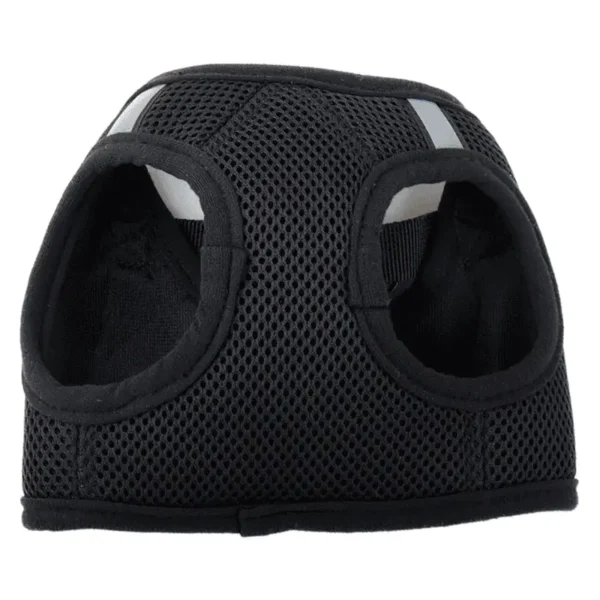 A black mesh dog harness with cutouts for the legs.