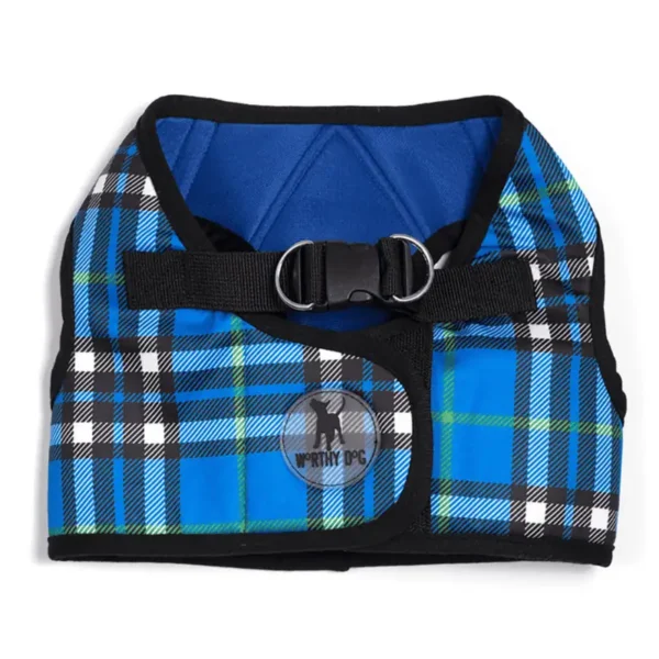 A blue plaid dog harness with a black trim and a buckle closure.