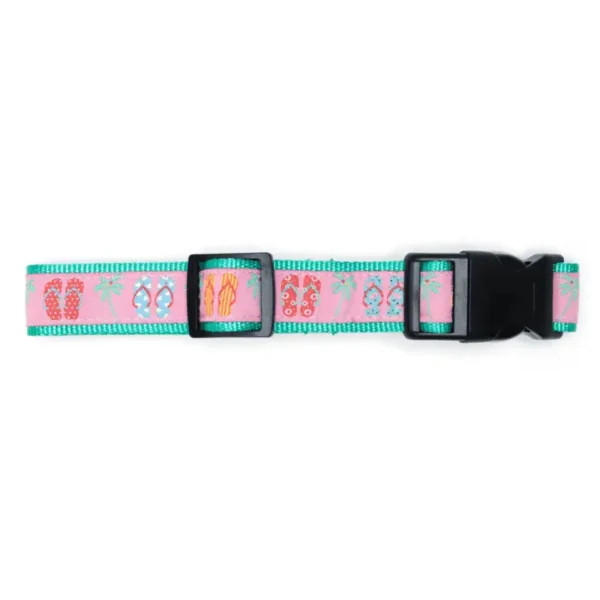 A colorful dog collar featuring a beach-themed design with flip-flops and tropical elements.