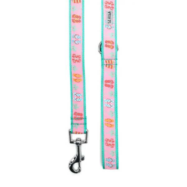 A colorful pet leash featuring playful designs of flip flops, with a metal clasp.