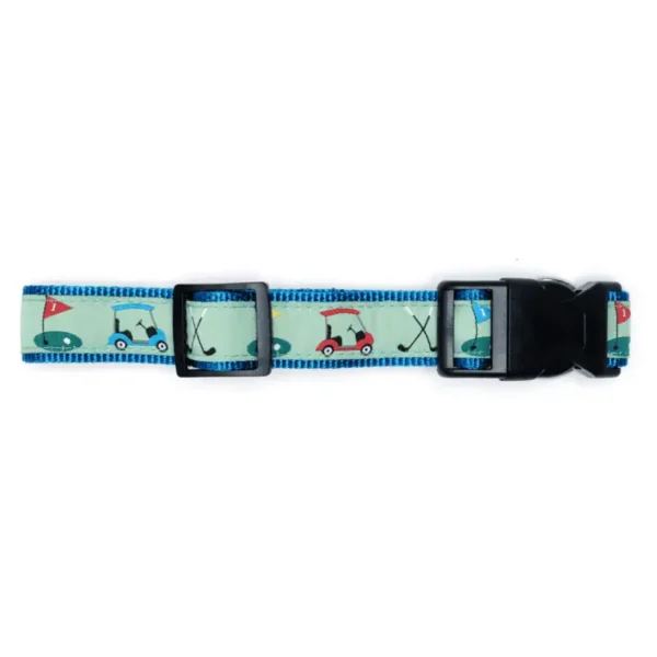 A colorful dog collar featuring a pattern of golf carts and golf flags.