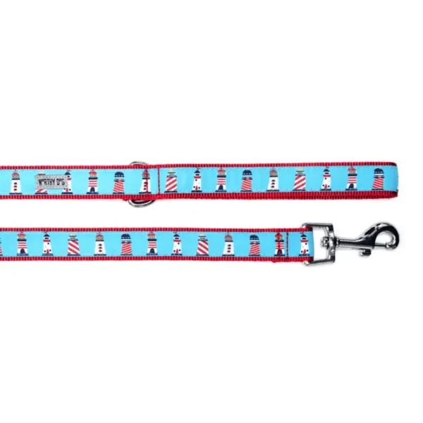 A dog leash featuring a pattern of blue and red lighthouse designs.