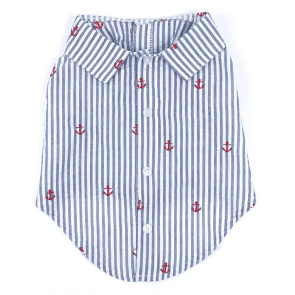 A striped button-up dog shirt with a collar, featuring small red anchor patterns.