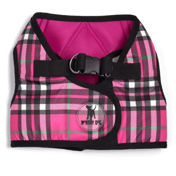 A pink plaid dog harness with a buckle and a logo.
