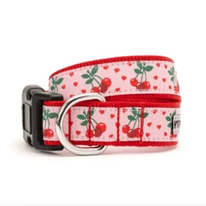 A colorful dog collar featuring a pink background with cherry and heart patterns, and a black buckle and silver D-ring.