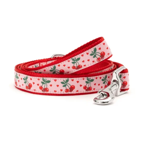 A dog leash featuring a red and pink cherry pattern.