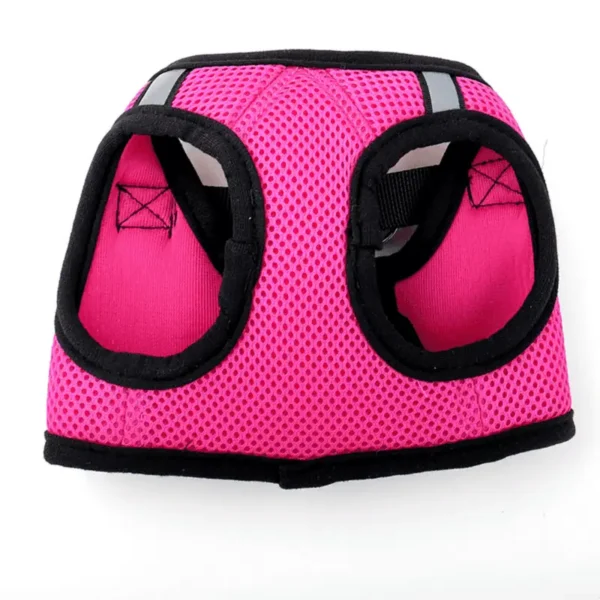 A pink mesh dog harness designed for comfort and safety.