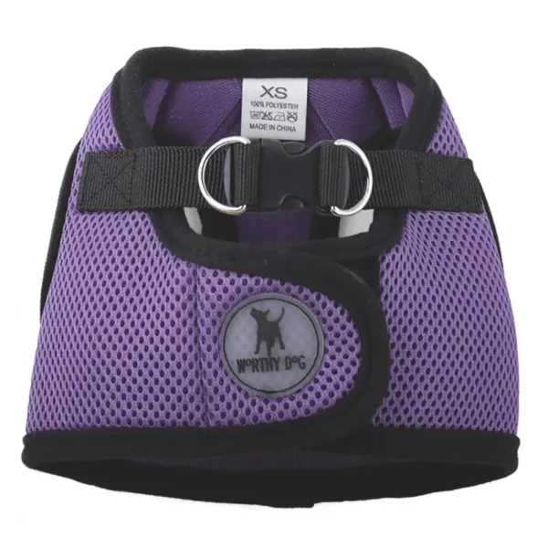 A purple mesh dog harness with black accents and a central D-ring for leash attachment.