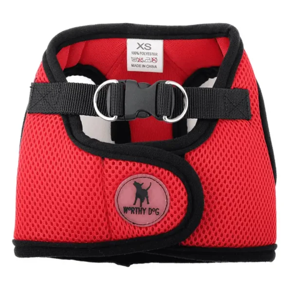 A red mesh dog harness with black trim and a buckle, labeled "Worthy Dog."