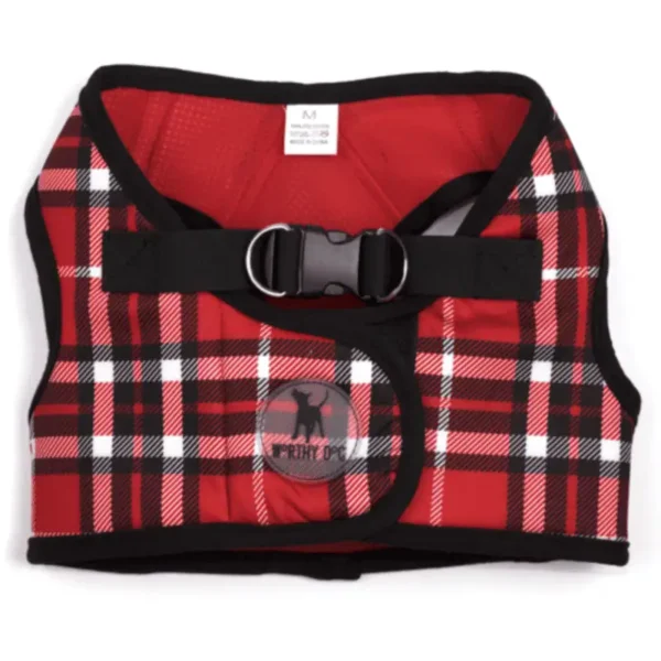 A red plaid dog harness with a black trim and a buckle closure.