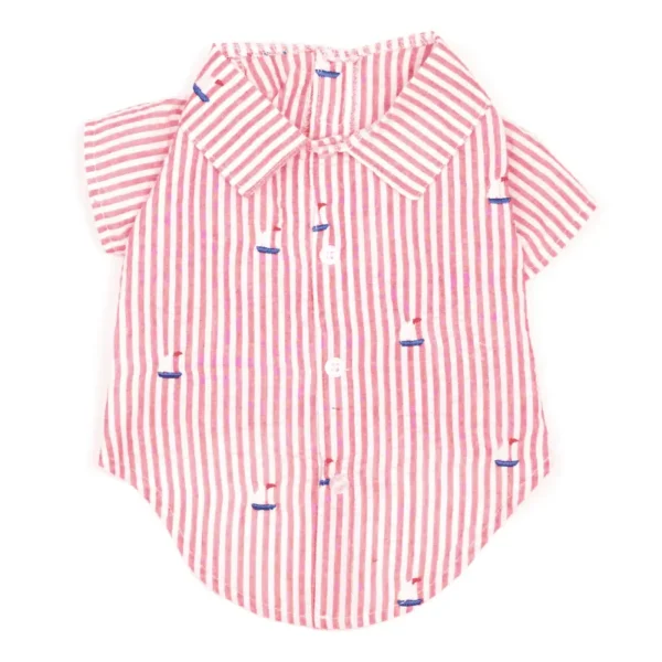 A red and white striped button-up dog shirt with short sleeves and a collar, featuring small blue sailboat designs.
