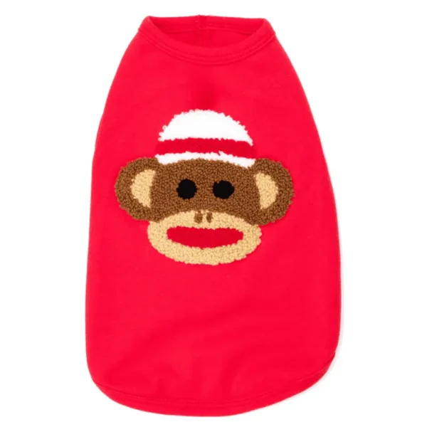 A red dog tank featuring a sock monkey face design on the front.