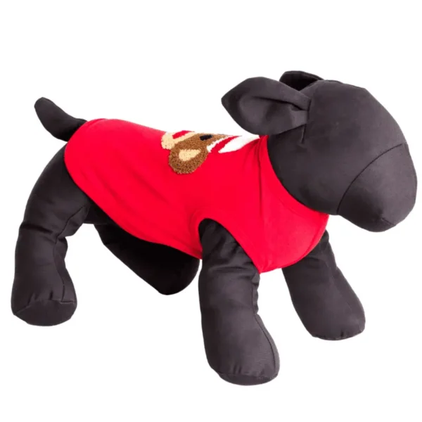 A plush dog mannequin wearing a red shirt with a festive design.