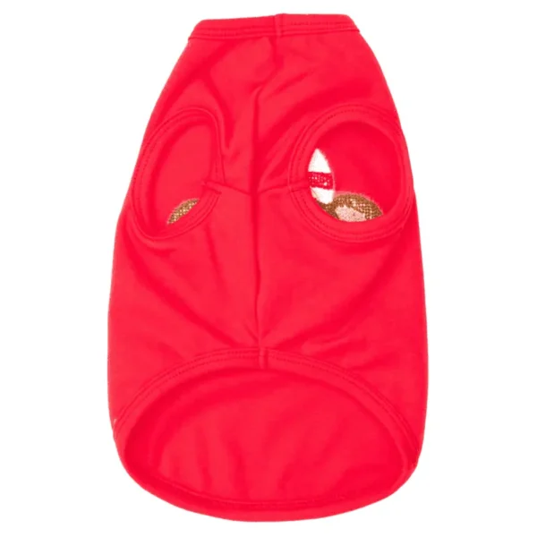 A red sleeveless dog shirt with openings for the front legs.