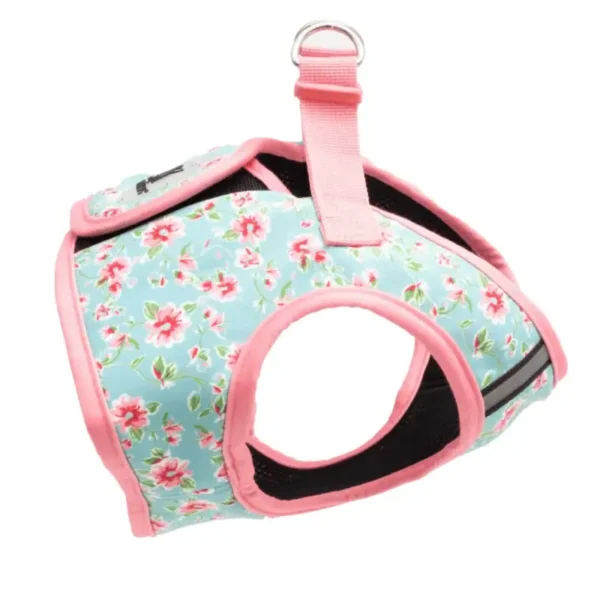 A floral-patterned dog harness in light blue and pink.
