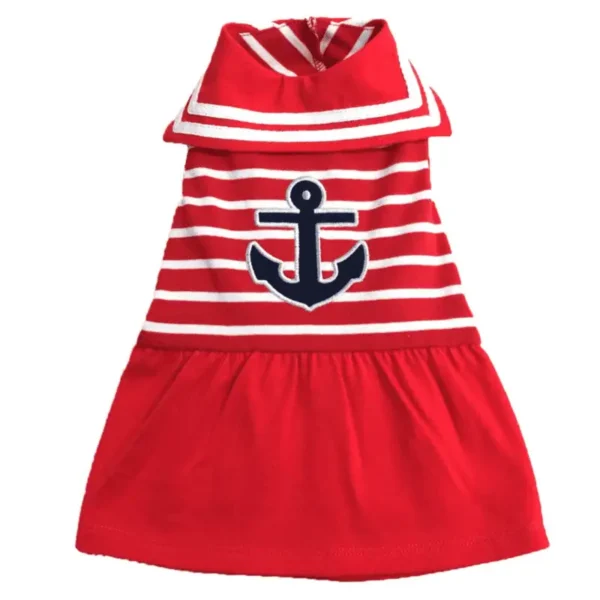 A red striped dog dress featuring a sailor collar and an anchor design on the front.