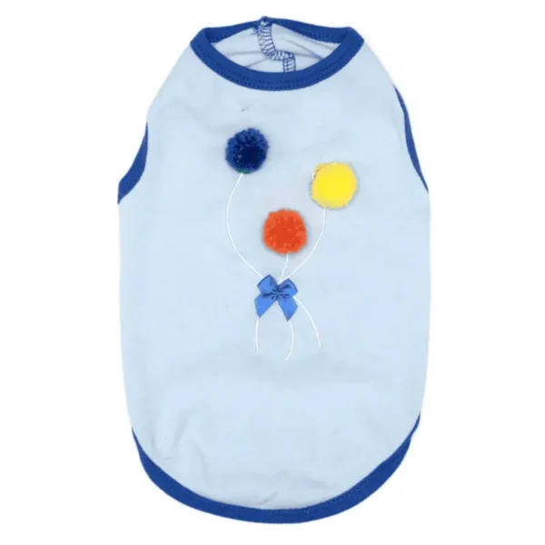 A blue dog tank with colorful pom-poms and a bow design on the front.