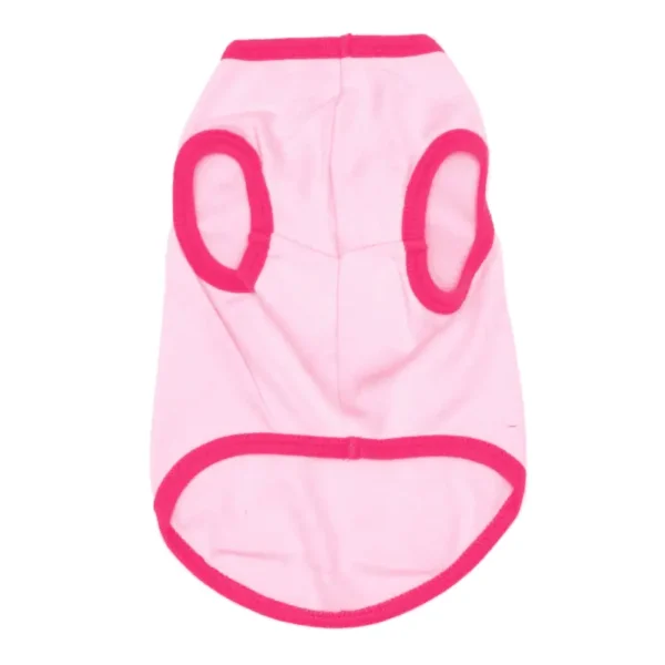 A pink dog tank with contrasting pink trim, featuring armholes and a rounded hem.
