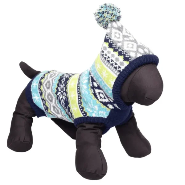 A plush dog mannequin wearing a colorful knitted sweater with a hood and a pom-pom on top.