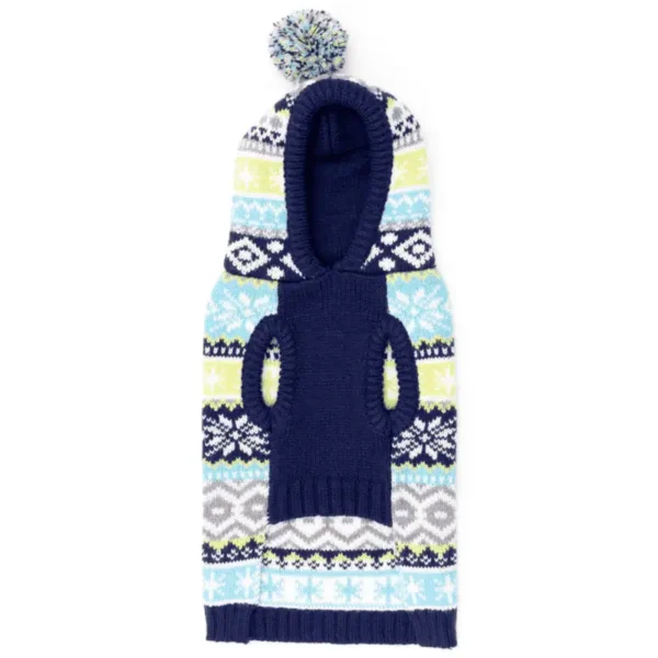 A knitted hooded scarf with a pom-pom on top and colorful patterned designs.