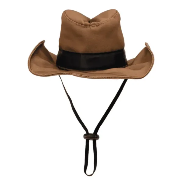 A brown cowboy dog hat with a black band and chin strap.