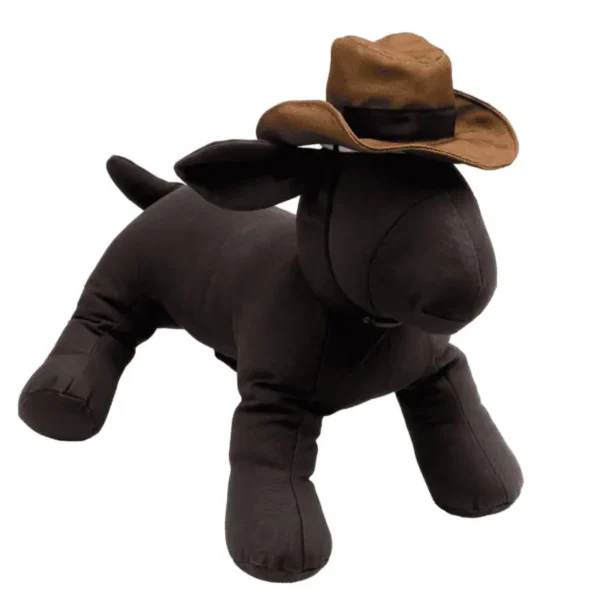A black plush dog mannequin wearing a brown cowboy hat.