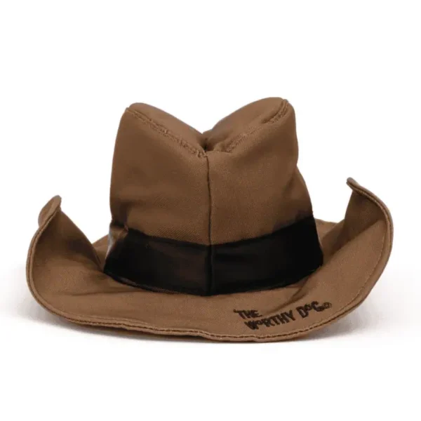 A brown cowboy dog hat with a black band.