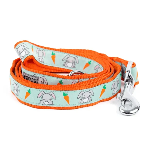 A dog leash featuring a carrot and bunny design, predominantly orange with a light blue patterned section.