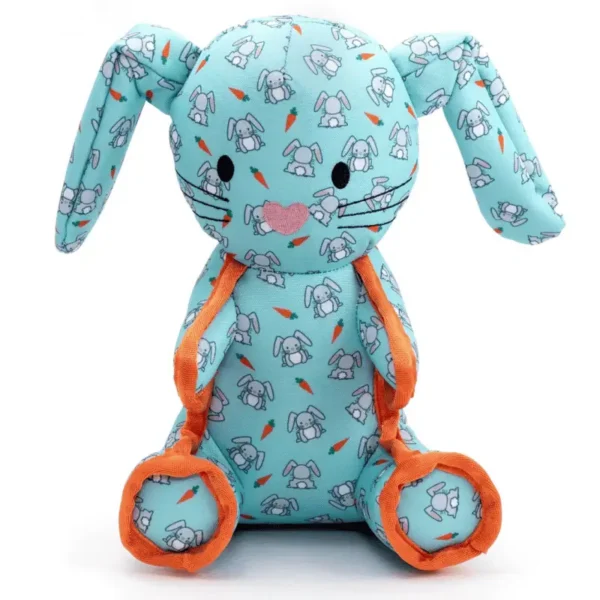 A plush bunny dog toy with a light blue body featuring a pattern of small rabbits and orange accents on the ears and paws.