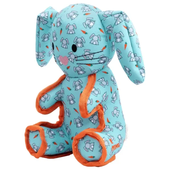 A soft dog toy rabbit with a blue-patterned body and orange trim, sitting upright.
