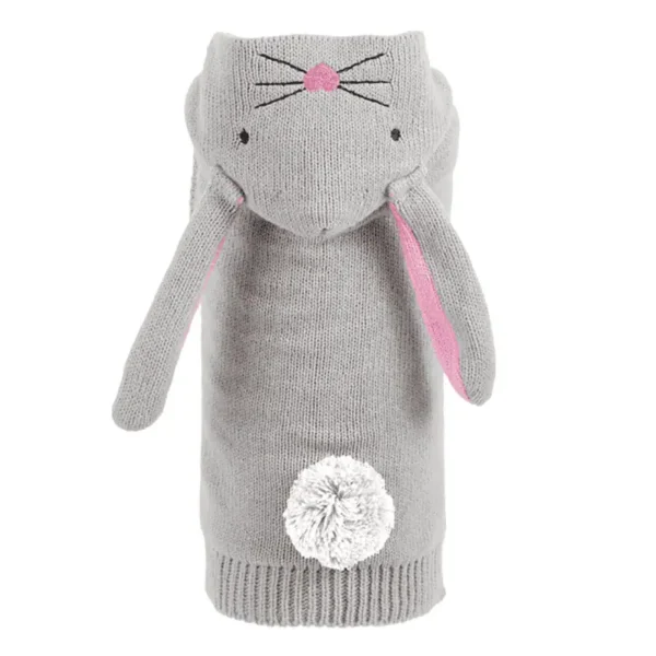 A gray bunny dog hoodie with ears, whiskers, and a pom-pom tail.