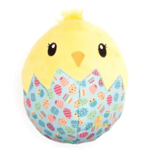 A plush dog toy shaped like a yellow chick partially emerging from an eggshell, featuring a blue shell design with colorful patterns.