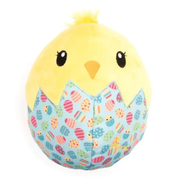 A plush dog toy shaped like a yellow chick partially emerging from an eggshell, featuring a blue shell design with colorful patterns.