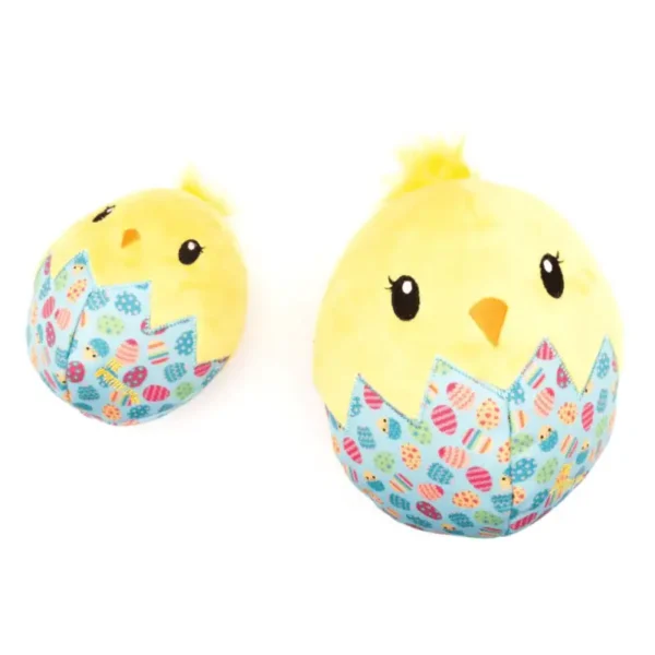 Two plush dog toy chicks, one larger and one smaller, both with yellow bodies and patterned, colorful egg shells.
