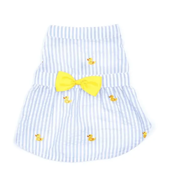 A blue and white striped dog dress with a yellow bow and small duckling patterns.