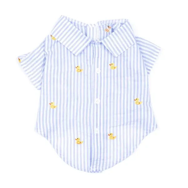 A light blue and white striped shirt with short sleeves and duck designs.