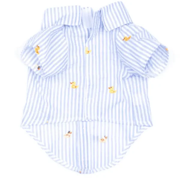 A light blue and white striped dog shirt with short sleeves, featuring yellow duck patterns.