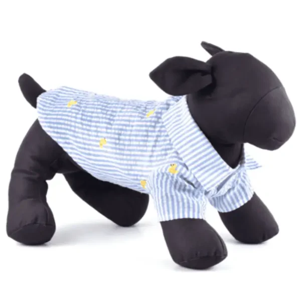A plush dog mannequin wearing a blue and white striped shirt.
