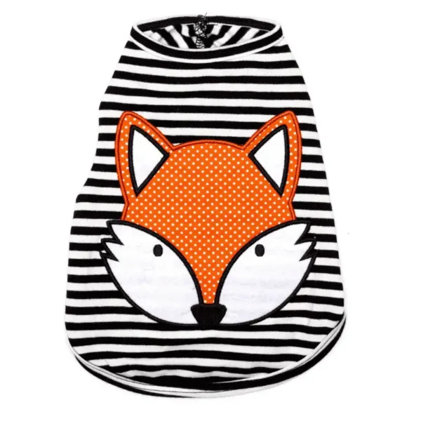 A black and white striped dog tank featuring a playful orange fox face design.