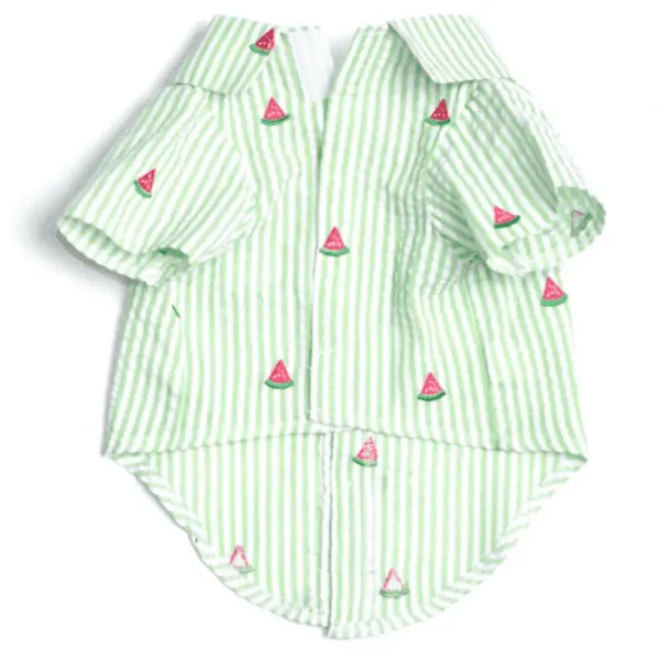A green and white striped dog shirt with watermelon slice embroidery.