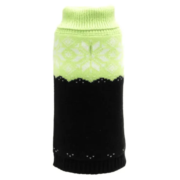 A green and black knitted dog sweater with a snowflake pattern.