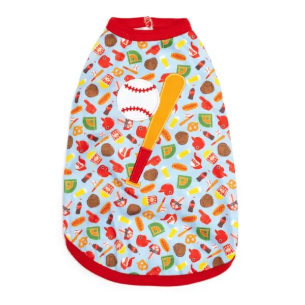 A dog tank featuring a colorful pattern of food items and baseball-themed graphics, including a baseball and bat.