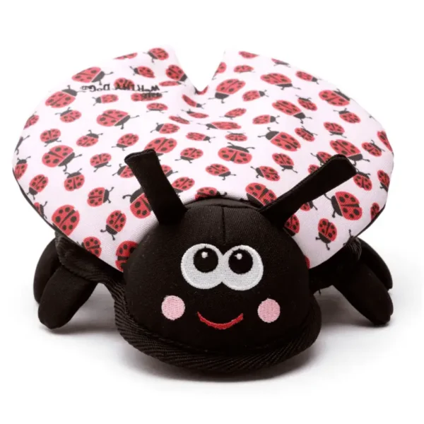 A plush ladybug dog toy with a black body and colorful wings patterned with ladybugs.