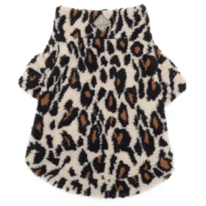 Fuzzy sherpa leopard print dog sweater with a high collar.