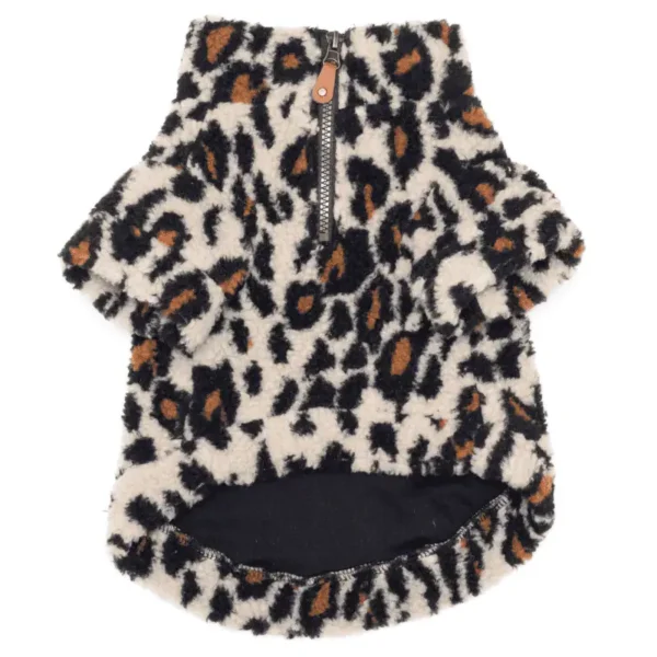 A leopard print sherpa dog pullover with a zip closure.