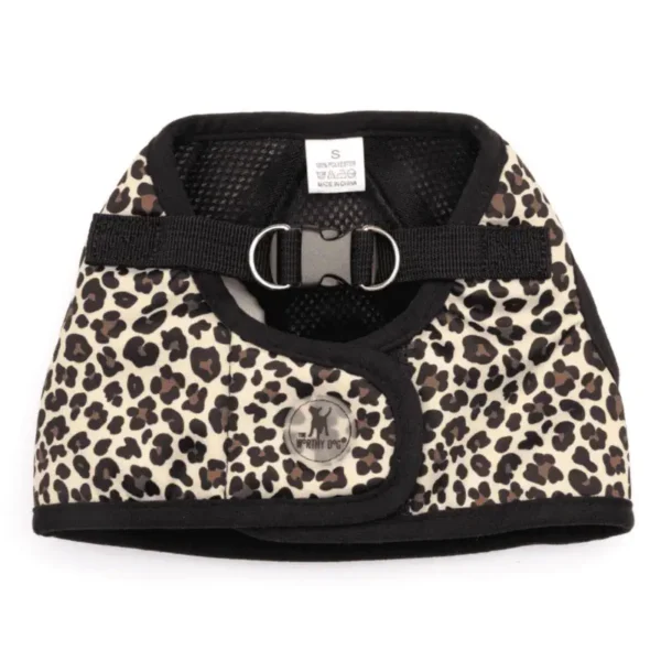 A leopard print harness designed for dogs.