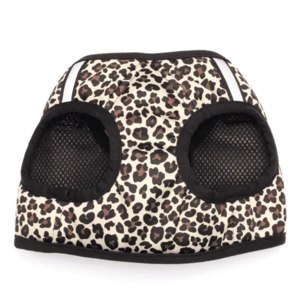 A leopard print dog harness with mesh lining.